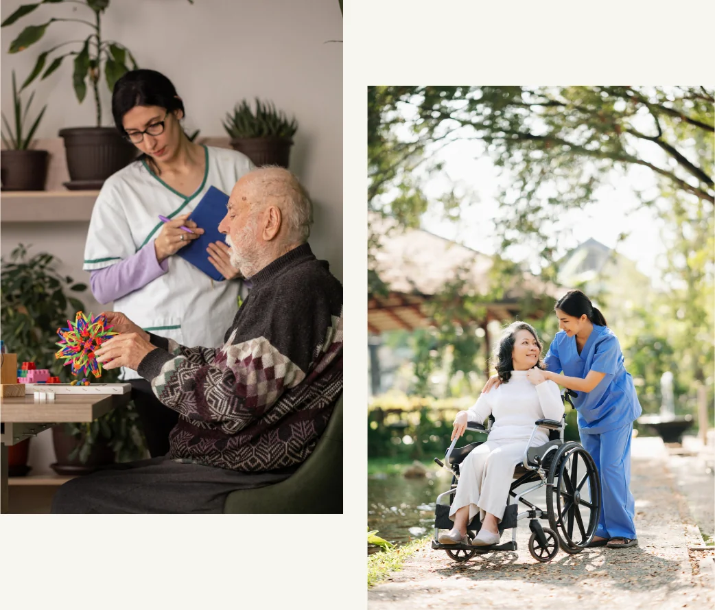 A caregiver accompanying an older adult through a garden